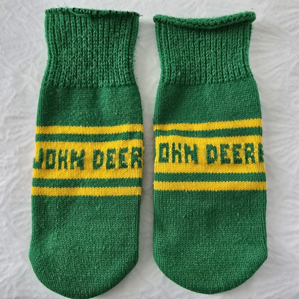 Vintage John Deere Knit Mittens Spell Out Green Yellow‎ Tractor Farm Outdoor